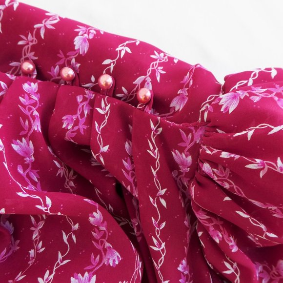 Vintage 70s Dress Floral Leis Puff Half Sleeve Draped Neck Pearlized Buttons - Picture 3 of 9